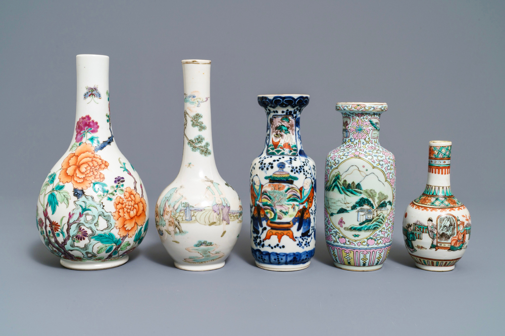 Five Chinese famille rose and verte vases, 19th C.