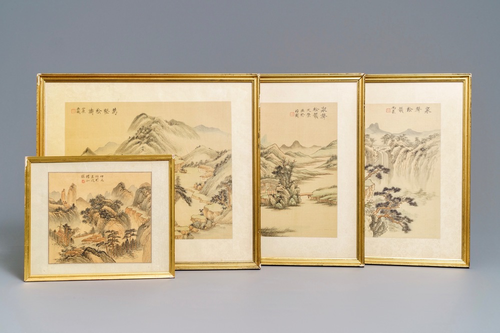 Vier ingelijste Chinese schilderijen op papier met berglandschappen, inkt en kleur op zijde, 20e eeuw