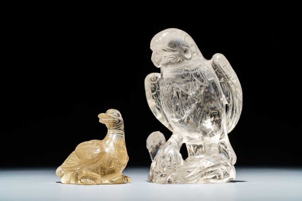 Two Chinese rock crystal models of an eagle and a duck, 19/20th C.