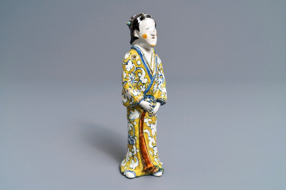A rare polychrome Dutch Delft model of a Chinese lady, 2nd half of the 17th C.
