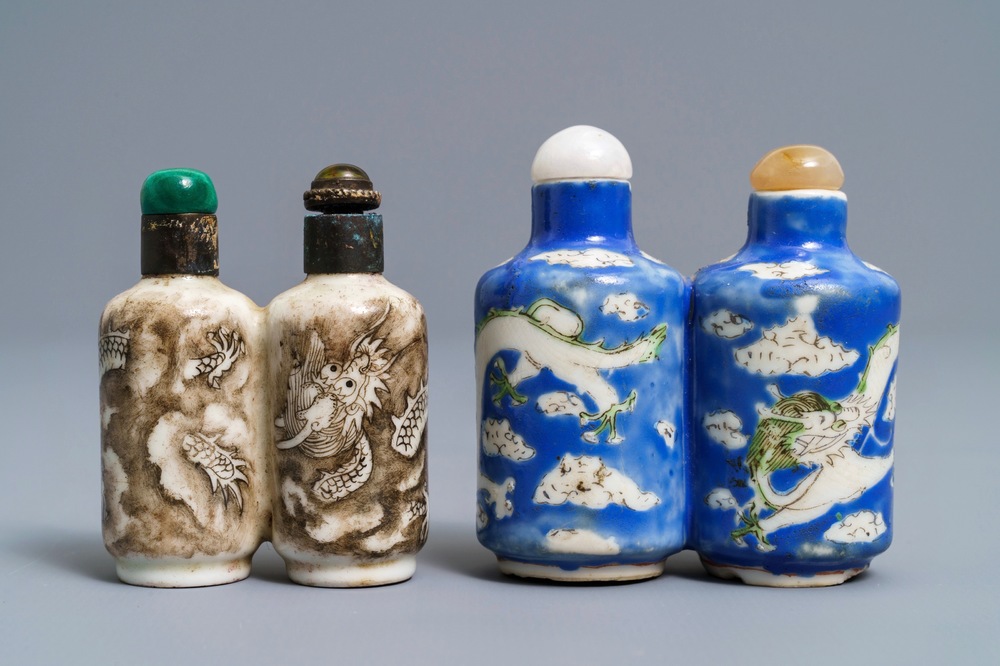 Two Chinese porcelain twin snuff bottles with dragons, 19th C.