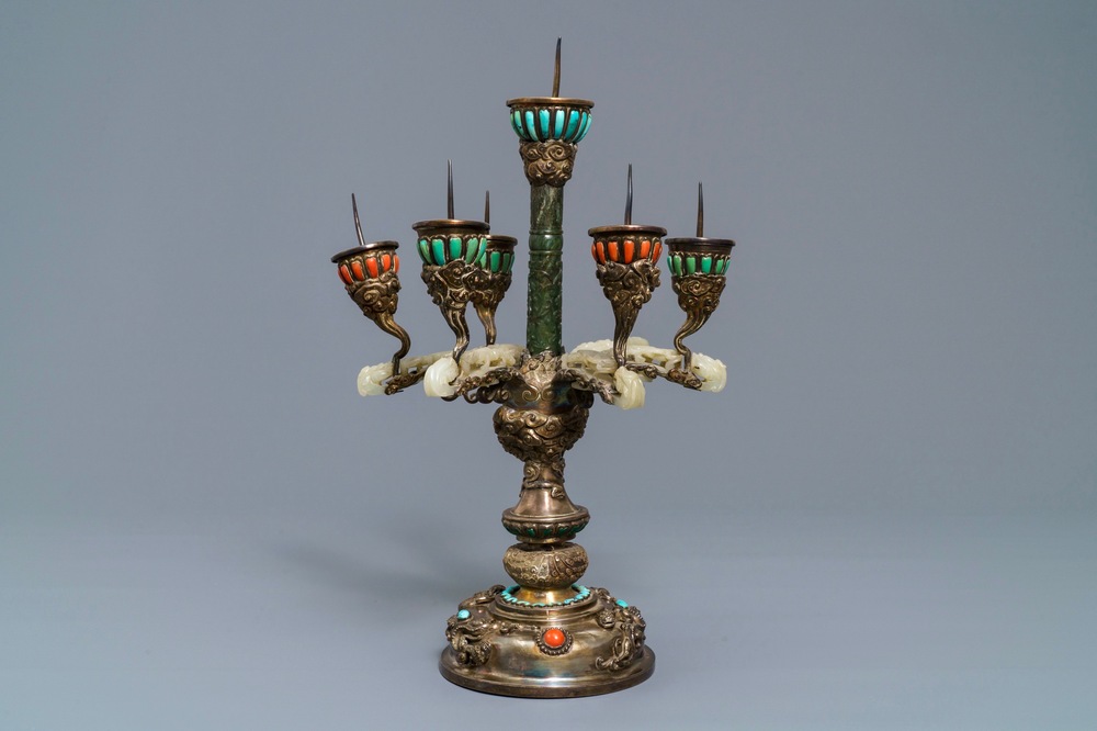 A coral and turquoise-inlaid silver and jade candlestick, China or Tibet, 18/19th C.