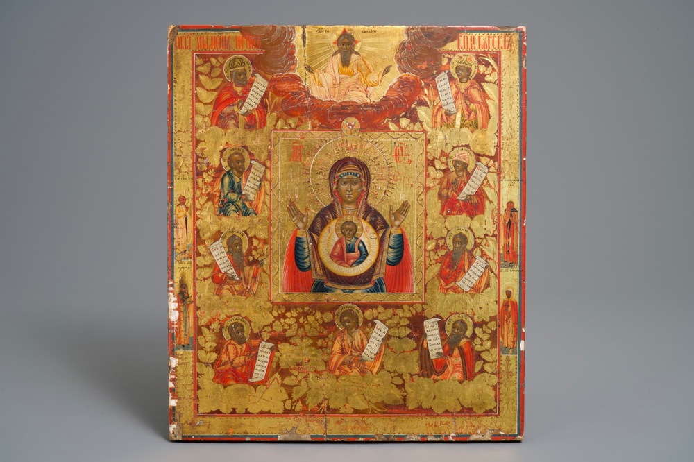 Een Russisch icoon: 'Moeder Gods omgeven door apostelen', 19e eeuw