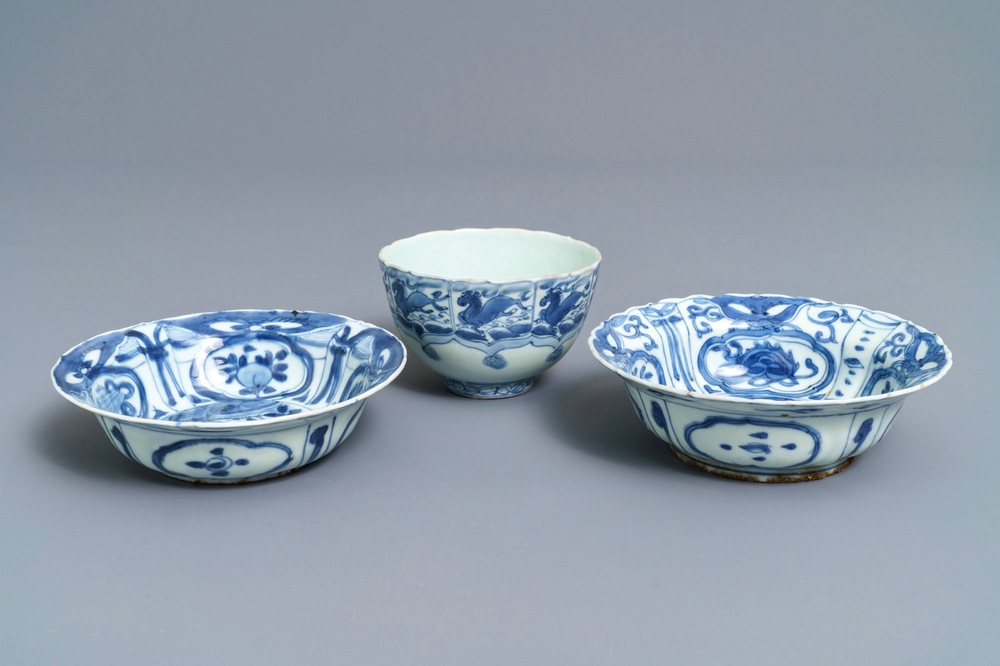 Two Chinese blue and white klapmuts bowls and a &lsquo;flaming horse&rsquo; bowl, Wanli