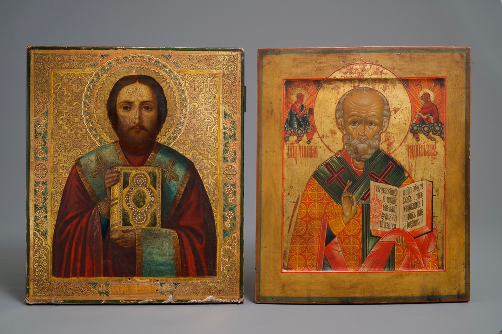 Two large Russian icons: 'Saint Nicholas of Myra' and 'Saint Paul', 18/19th C.