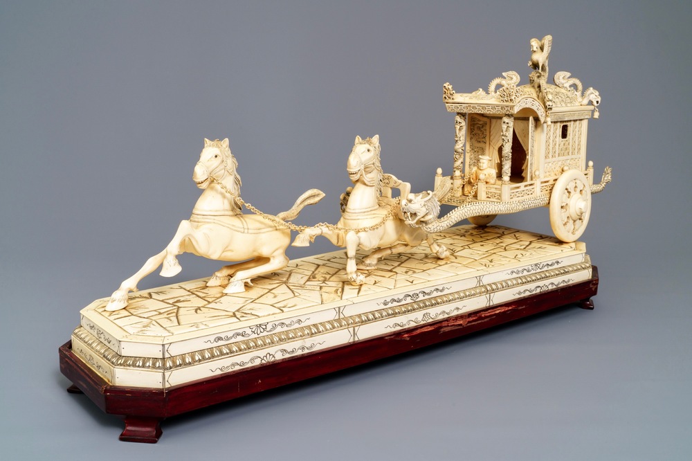 An exceptionally large Chinese carved ivory 'horse carriage' group, 19/20th C.