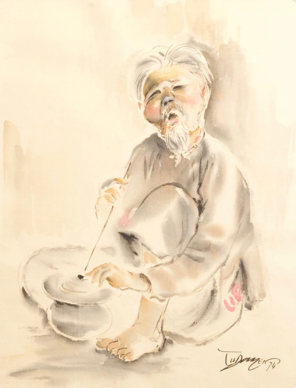 Tu Duyen (Vietnam, 1915-2012): aquarelle sur soie, dat&eacute;e 1974