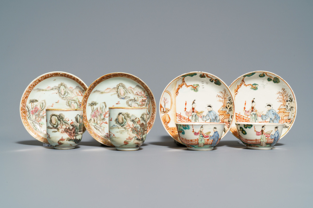 Two pairs of fine Chinese famille rose cups and saucers, Yongzheng/Qianlong
