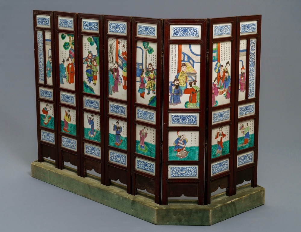 A Chinese inscribed famille rose eight-piece tablescreen, 19th C.