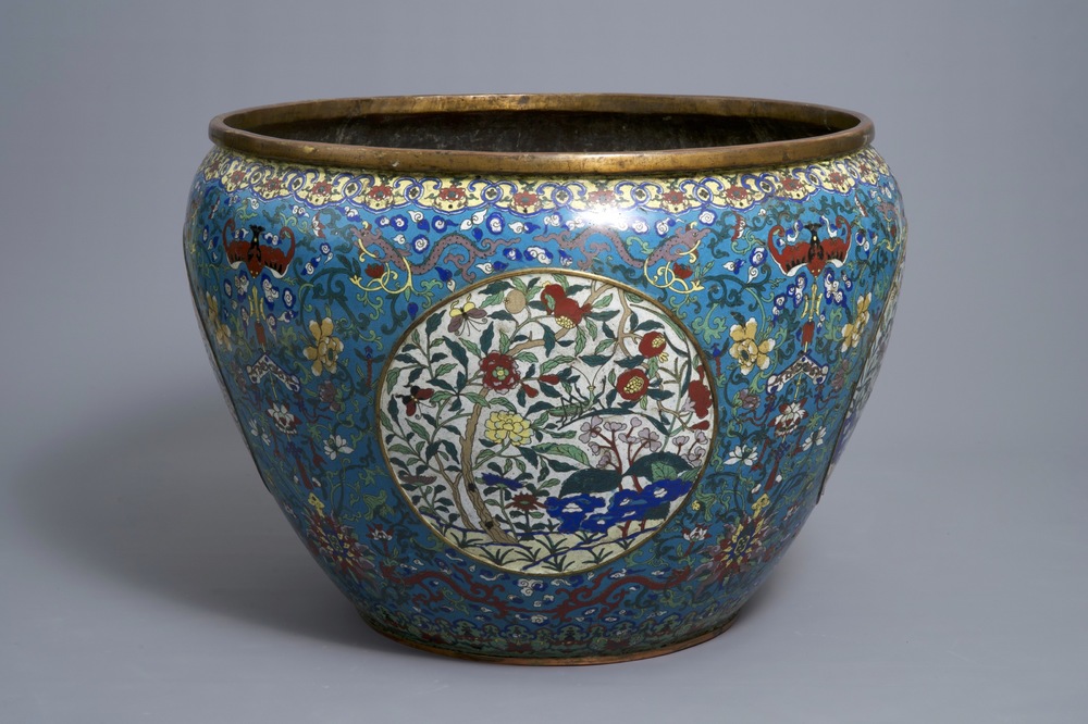 An exceptionally large Chinese gilt bronze and cloisonn&eacute; fish bowl, Jiaqing