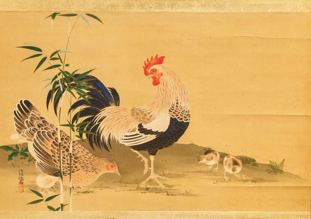 Ecole japonaise: Coq, poule et poussins, aquarelle et encre sur papier, mont&eacute; en rouleau, Meiji, 19&egrave;me