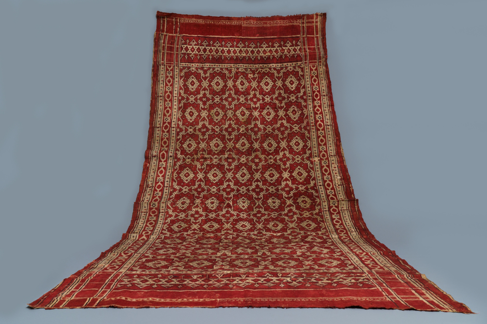 A ceremonial patola ikat sari for the Indonesian market with East India Company-stamps, Gujarat, India, 17th C.