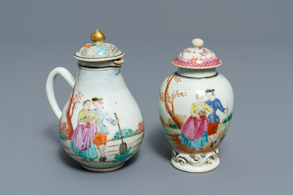 A fine Chinese famille rose 'European subject' milk jug and tea caddy, Qianlong