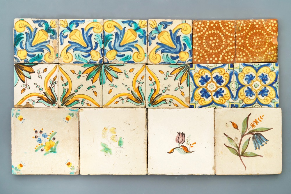 A varied collection of polychrome tiles, mostly Spain, 17th C.