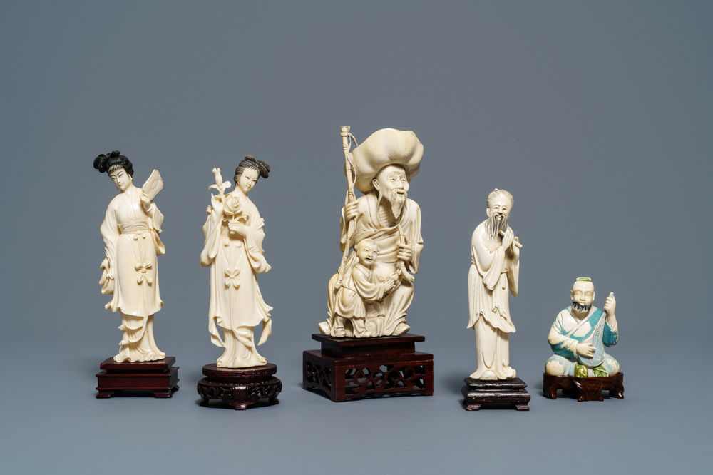 Five various Chinese ivory figures, 19/20th C.