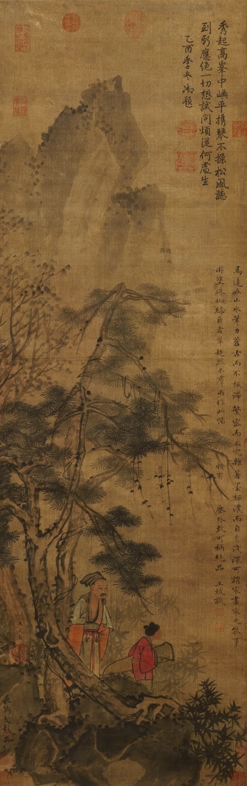 Ecole chinoise, Qing, d'apr&egrave;s Wang Fu (1362-1416): Figures dans un paysage, encre et couleurs sur soie, mont&eacute;e en rouleau