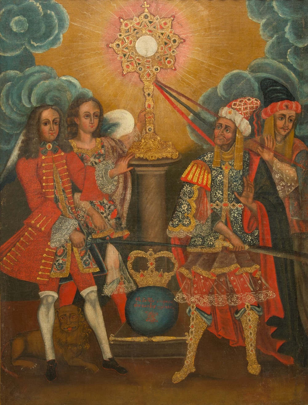 School van Cuzco, Peru: Keizer Karel II bewaakt de Eucharistie, olie op doek, 17e eeuw
