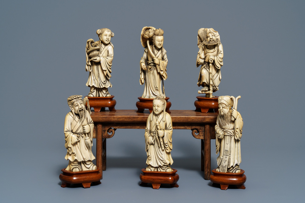 Six Chinese carved ivory figures of immortals, 19th C.