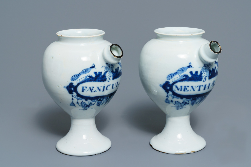 A pair of Dutch Delft blue and white wet drug jars, 18th C.
