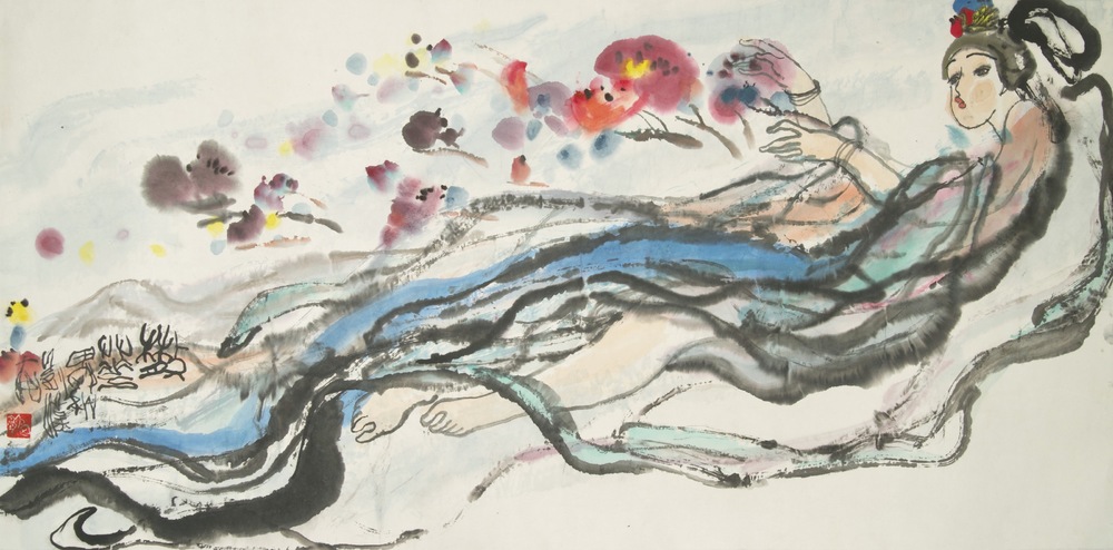 Chinese school, 20th C.: Reclining woman, ink and color on paper