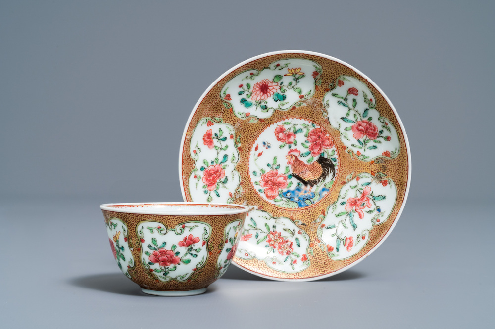 A fine Chinese famille rose 'rooster' eggshell cup and saucer, Yongzheng