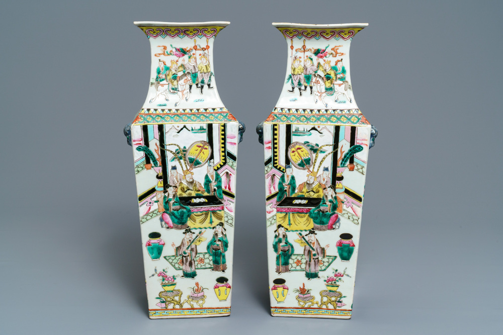 A pair of square Chinese famille rose vases with warriors and court scenes, 19th C.