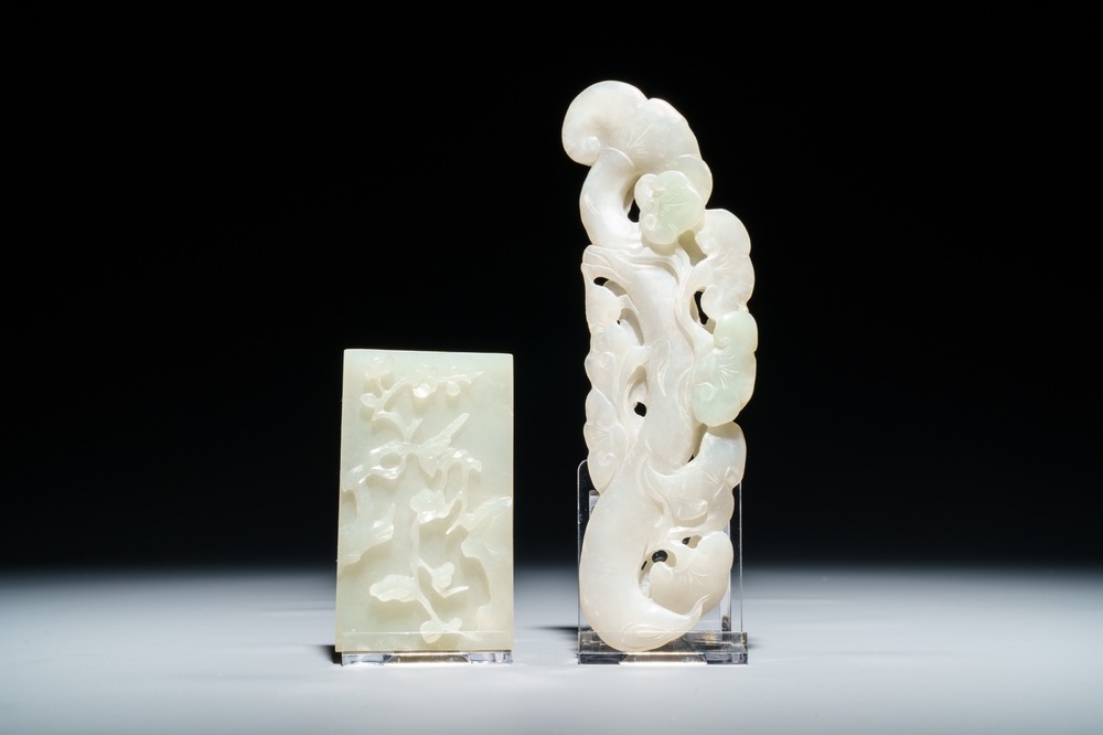 Two Chinese white and green jade carvings, 19/20th C.