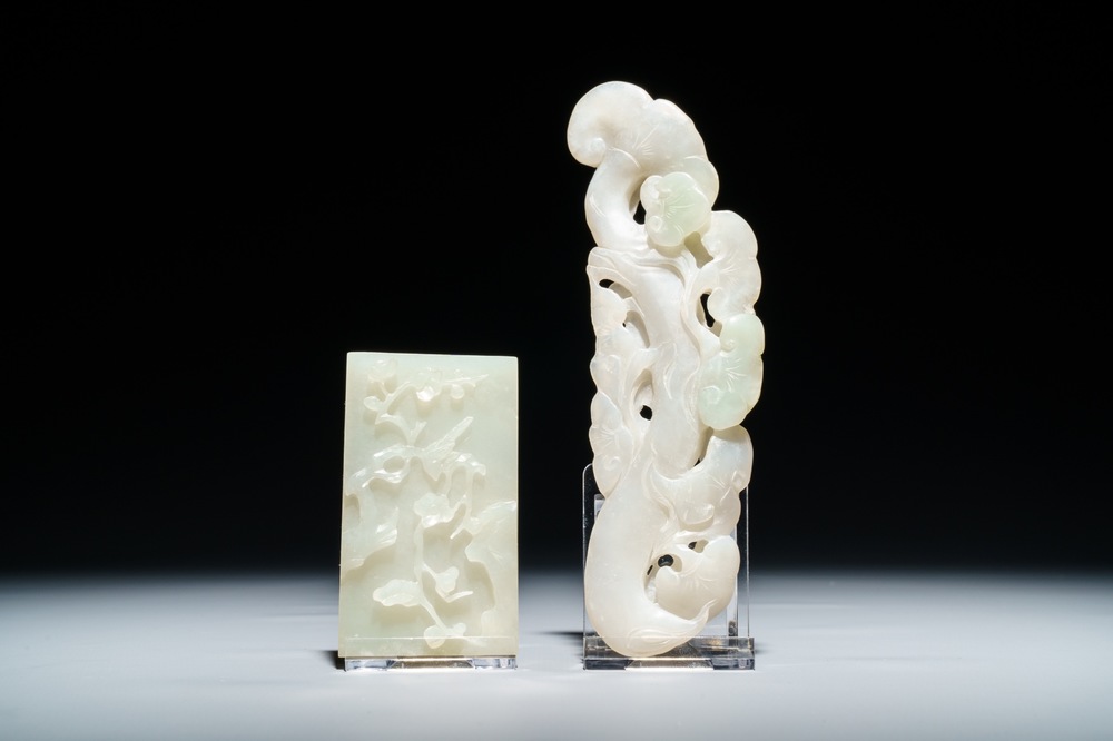 Deux pi&egrave;ces en jade sculpt&eacute; blanc et vert, Chine, 19/20&egrave;me