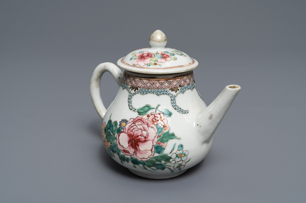 A Chinese famille rose teapot and cover with fine floral design, Yongzheng