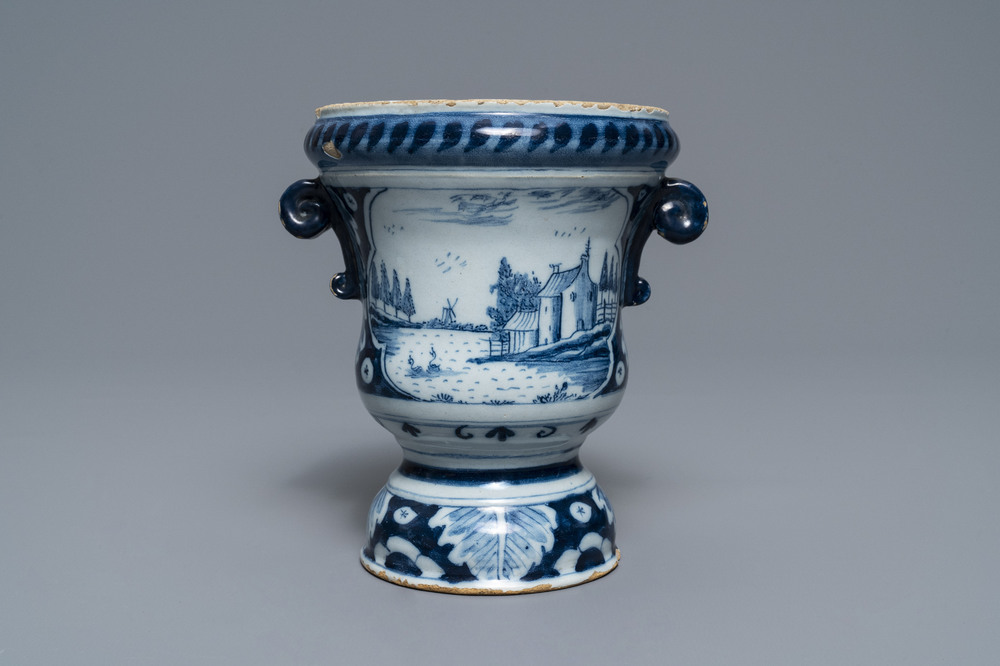 A fine Dutch Delft blue and white 'campana' urn flower pot, 18th C.