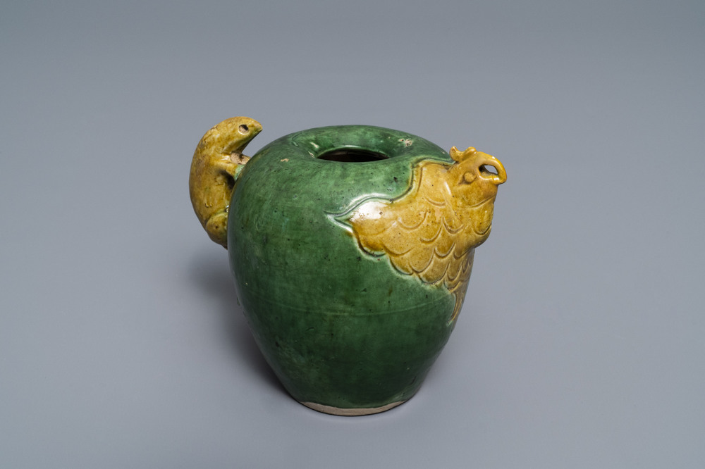 A Chinese verte biscuit 'phoenix' water dropper, Ming or Kangxi