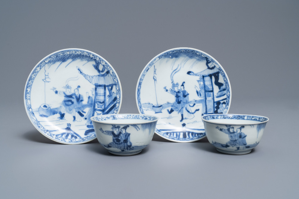 A pair of Chinese blue and white cups and saucers with figures, Ca Mau wreck, Yongzheng