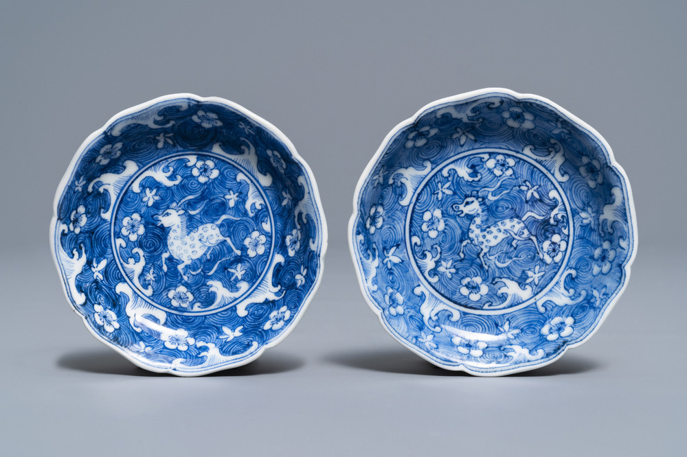 A pair of Chinese blue and white 'galloping horse' saucer dishes, Jiajing mark, probably Kangxi