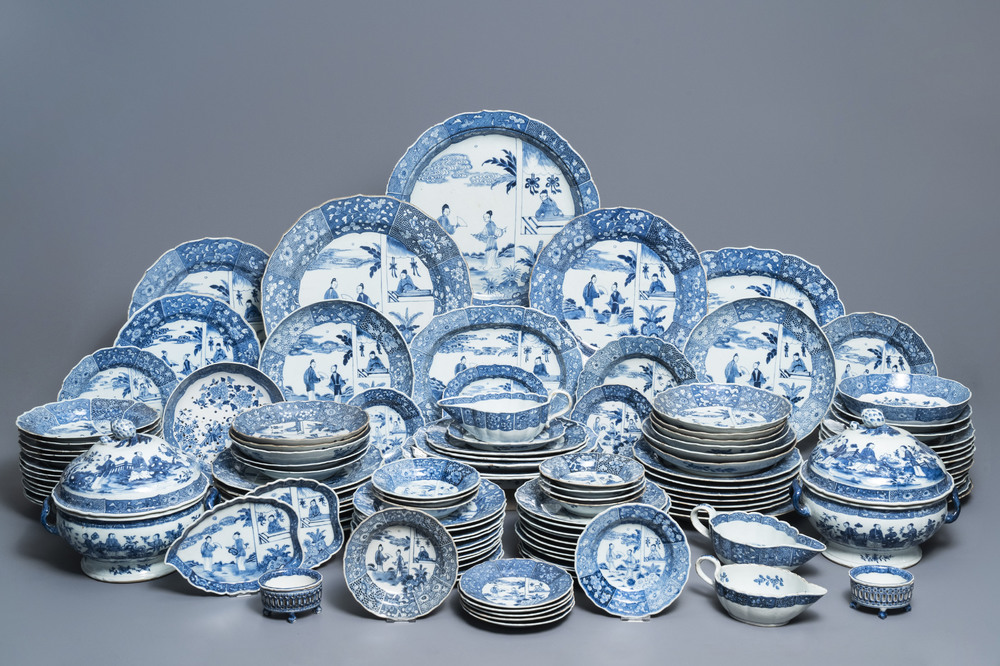 A 119-piece Chinese blue and white 'Romance of the Western chamber' dinner service, Qianlong