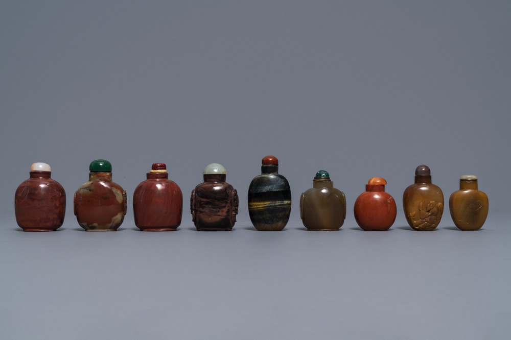 Nine various Chinese hardstone snuff bottles, 19/20th C.
