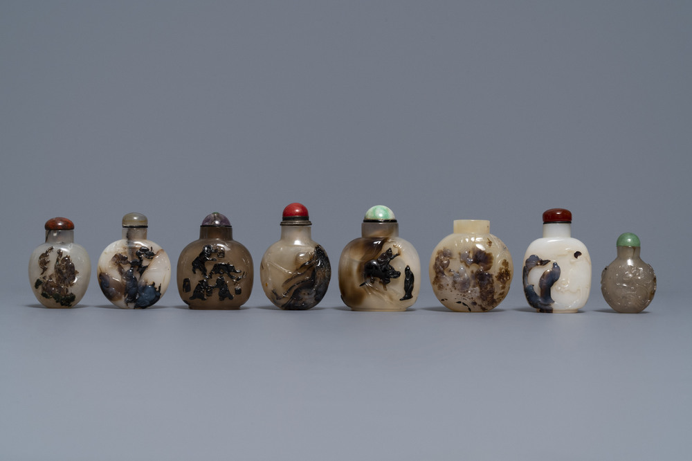 Eight Chinese carved shadow agate snuff bottles, 19/20th C.