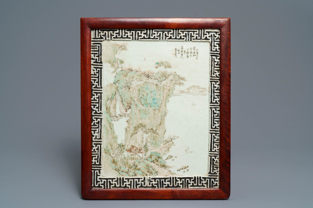 A Chinese qianjiang cai 'mountain view' plaque, signed Cheng Men, 19th C.