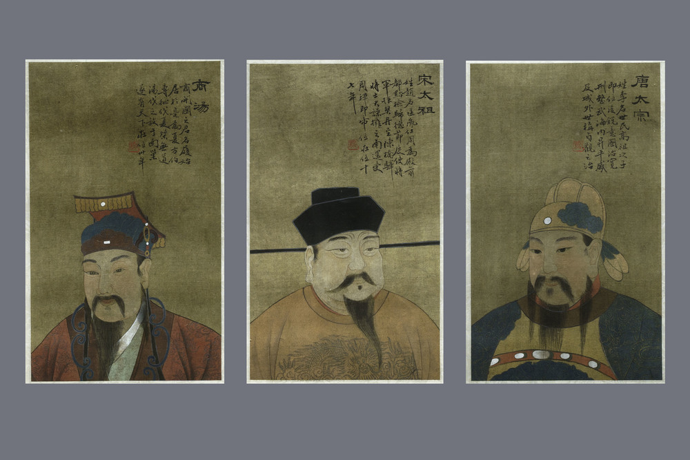Chinese school, ink and colour on silk, Qing: Three portraits of historical emperors