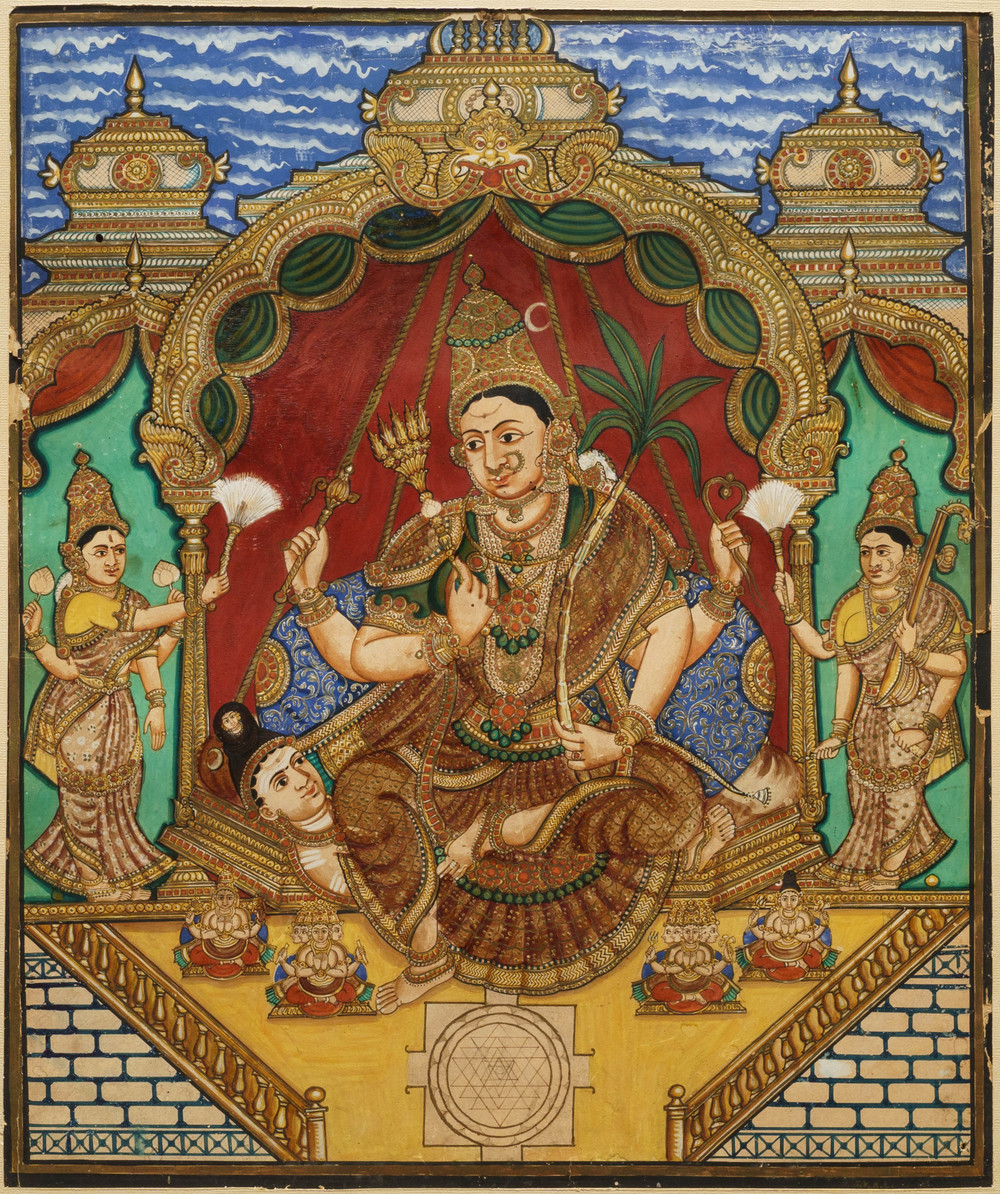 Thanjavur school, South India, pigment and gold leaf on paper, 19/20th C.: 'Vishnu and Lakshmi'