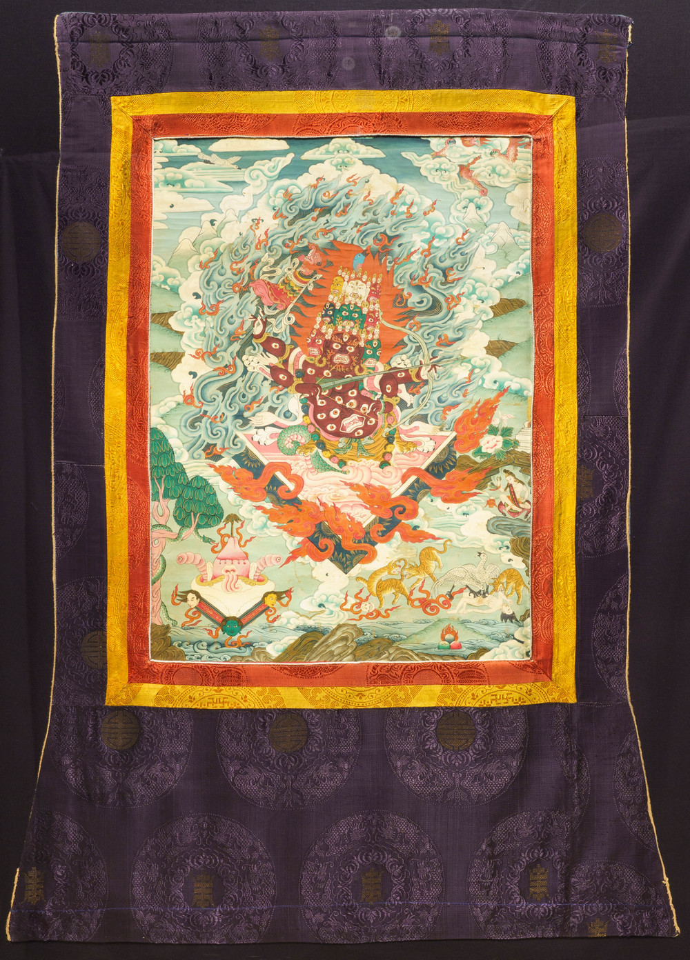 Un thangka &agrave; d&eacute;cor de Rahula dans son cadre, Tibet, 19&egrave;me