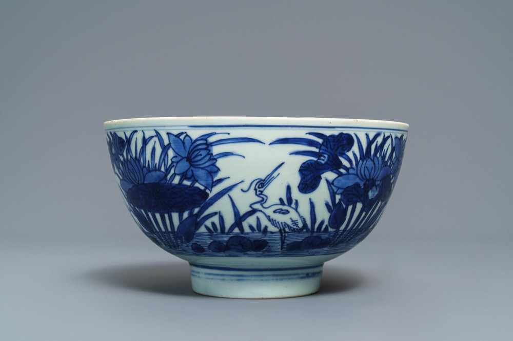 A Chinese blue and white 'cranes by the lotus pond' bowl, Shen De Tang Bo Gu Zhi mark, Transitional period