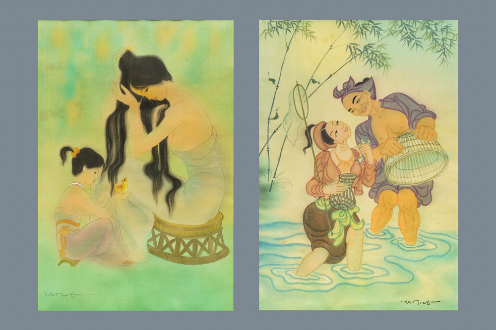 Mai Long (Vietnam, 1931): 'M&egrave;re et enfant' et 'La p&ecirc;che en rivi&egrave;re', encre et couleur sur soie