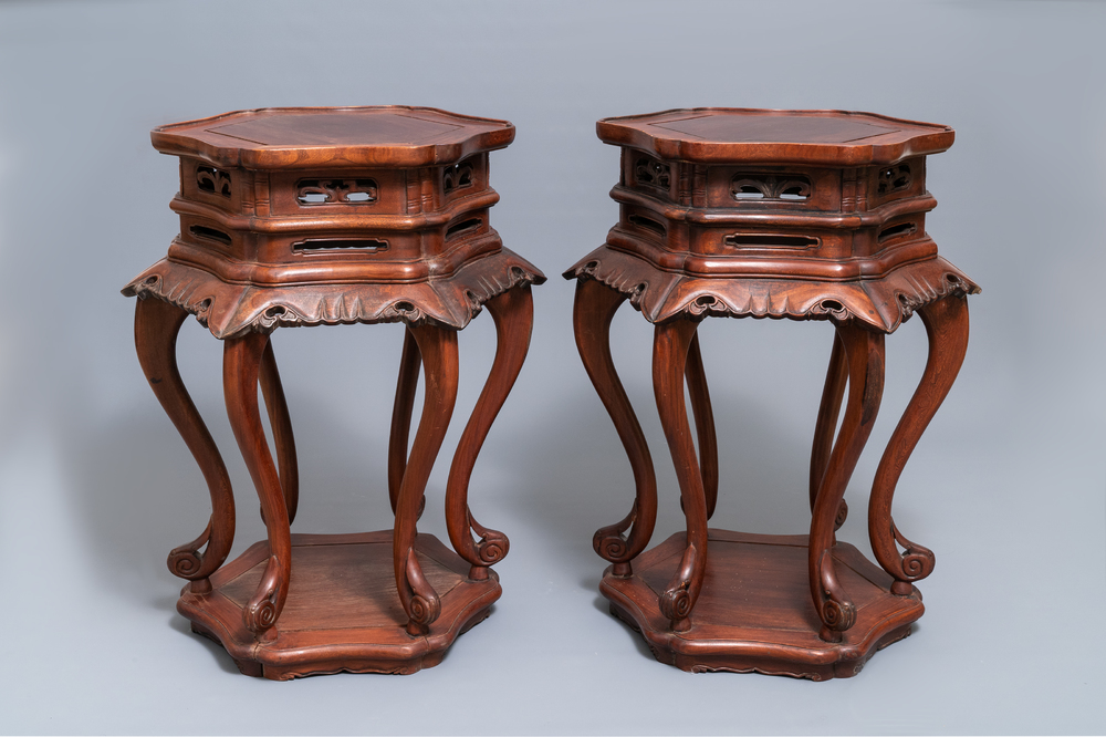 A pair of Chinese Ming-style wooden stands, 18/19th C.