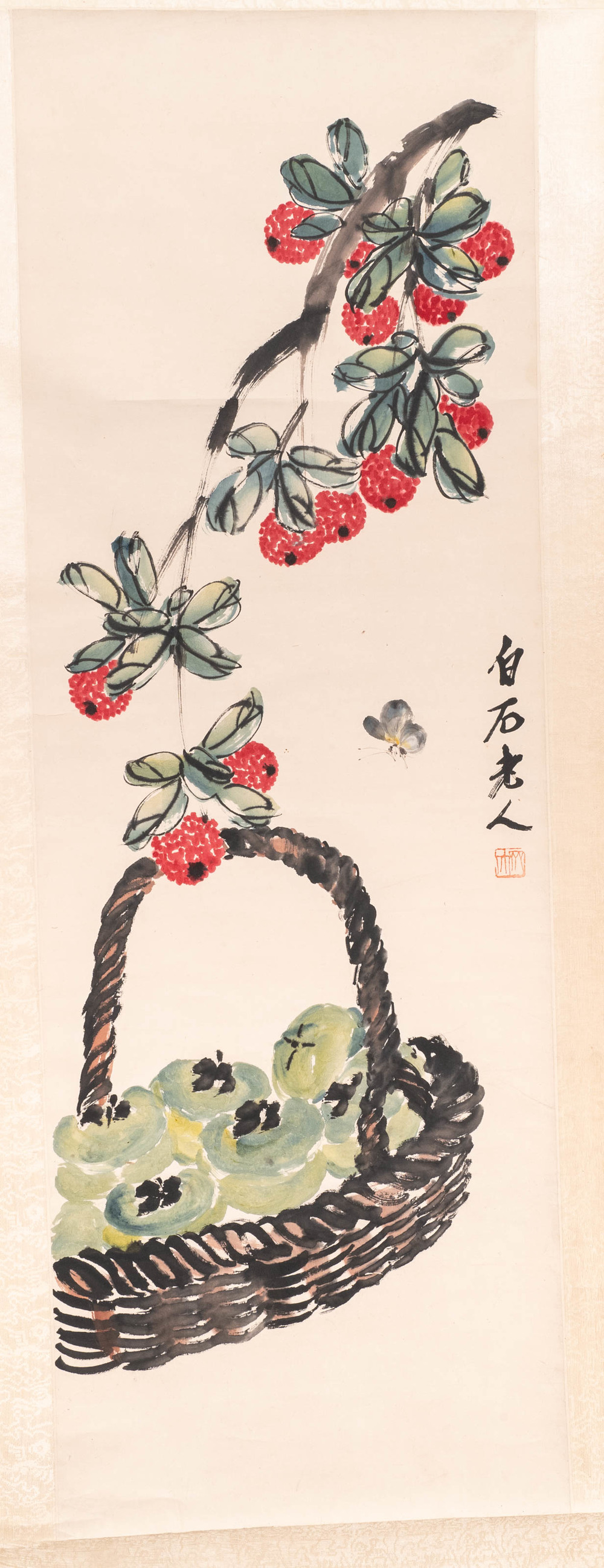 Chinese school, inkt en aquarel op papier, 20e eeuw: 'Lychees en een fruitmand'