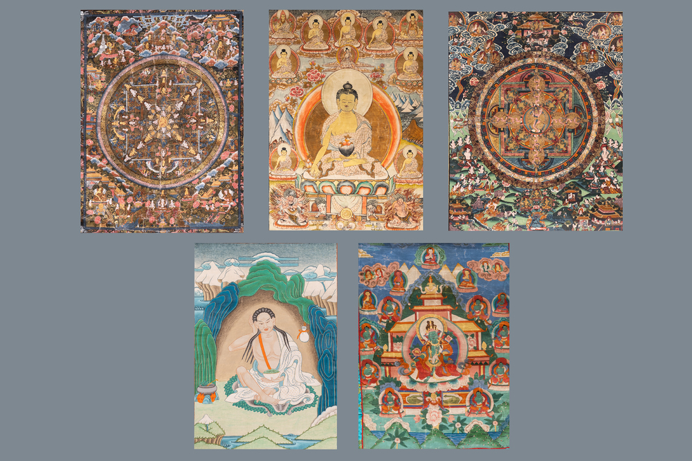 A collection of five thangkas, Tibet, 19/20th C.