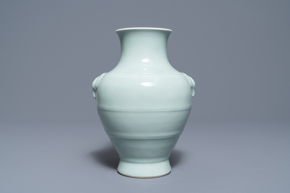 A Chinese monochrome celadon vase, 'hu', Qianlong mark, 19/20th C.