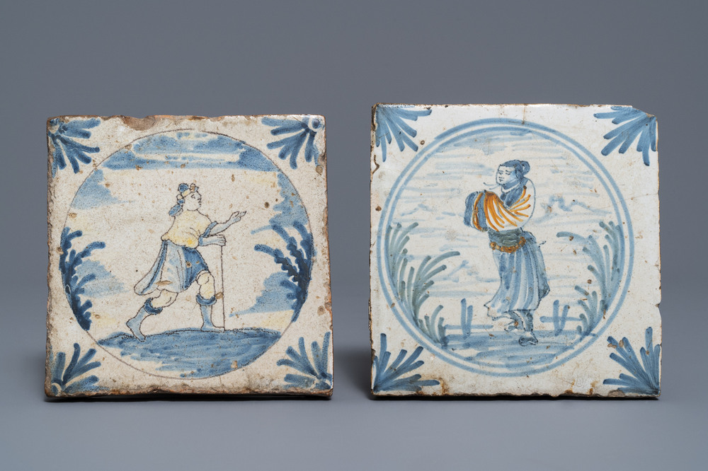 Two figural medallion tiles, Nevers, France, 17th C.