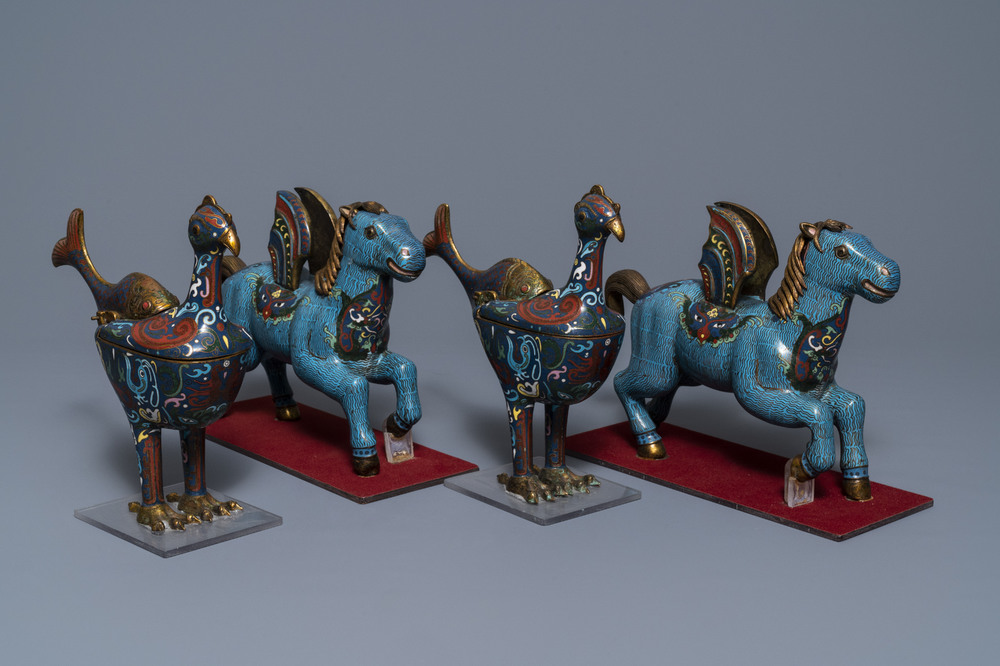 Two pairs of Chinese cloisonn&eacute; 'phoenix and winged horse' incense burners, 19th C.