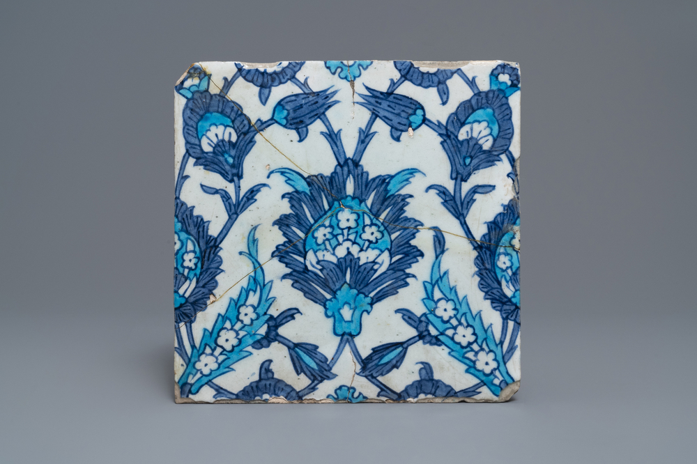 A blue, white and turquoise tile with floral design, Iznik, Turkey, ca. 1600