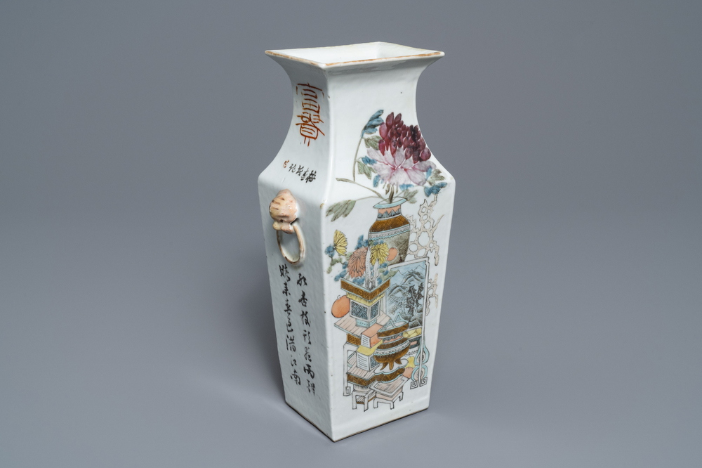 Un vase de forme rectangulaire en porcelaine de Chine qianjiang cai, 19/20&egrave;me